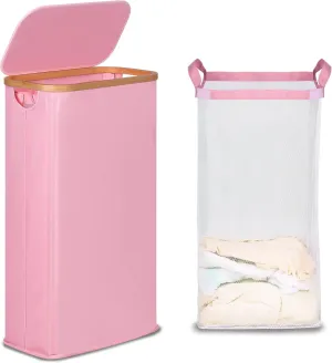 Slim Laundry Basket with Lid, Narrow Laundry Hamper with Removable Bag, Skinny Dirty Clothes Basket with Bamboo Handles for Bathroom, Bedroom & Laundry Room, 63L Pink