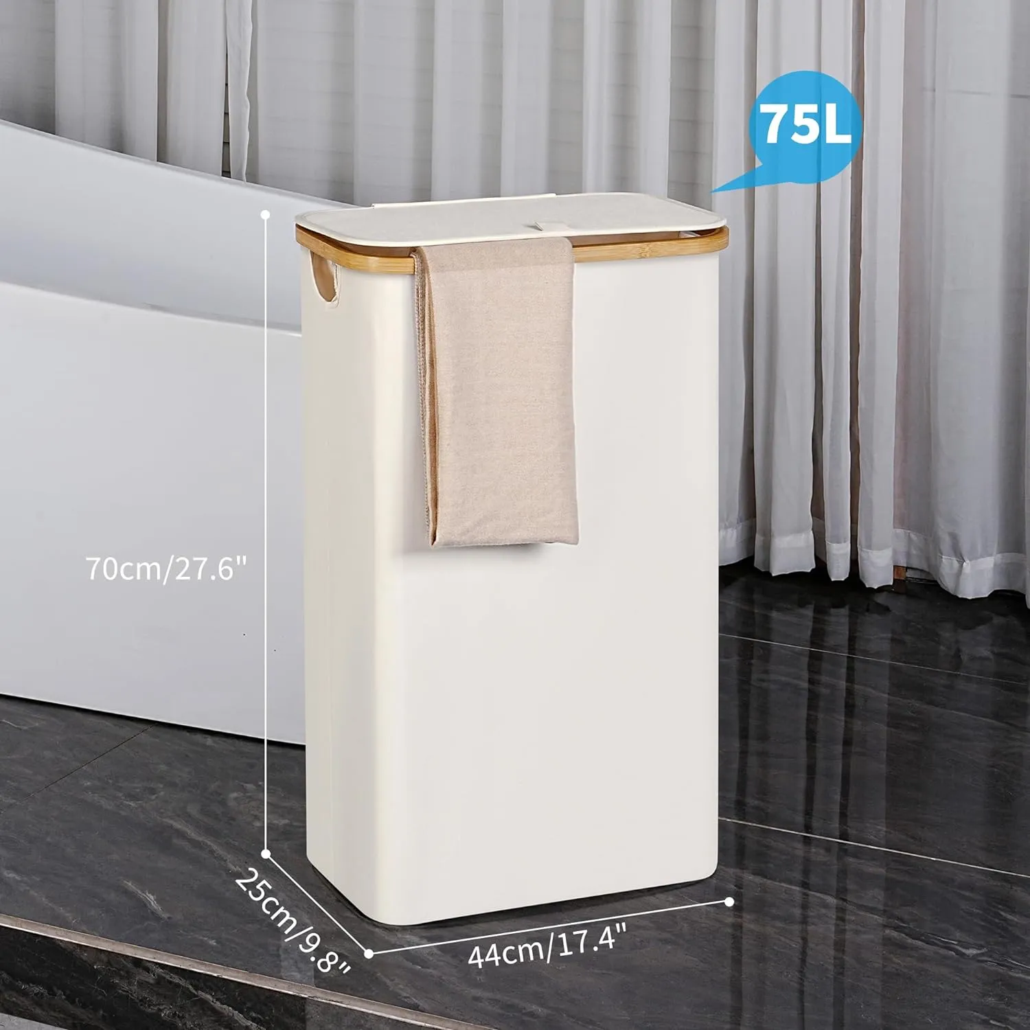 Slim Laundry Basket with Lid, Narrow Laundry Hamper with Removable Bag, Skinny Dirty Clothes Basket with Bamboo Handles for Bathroom, Bedroom & Laundry Room, 75L Beige