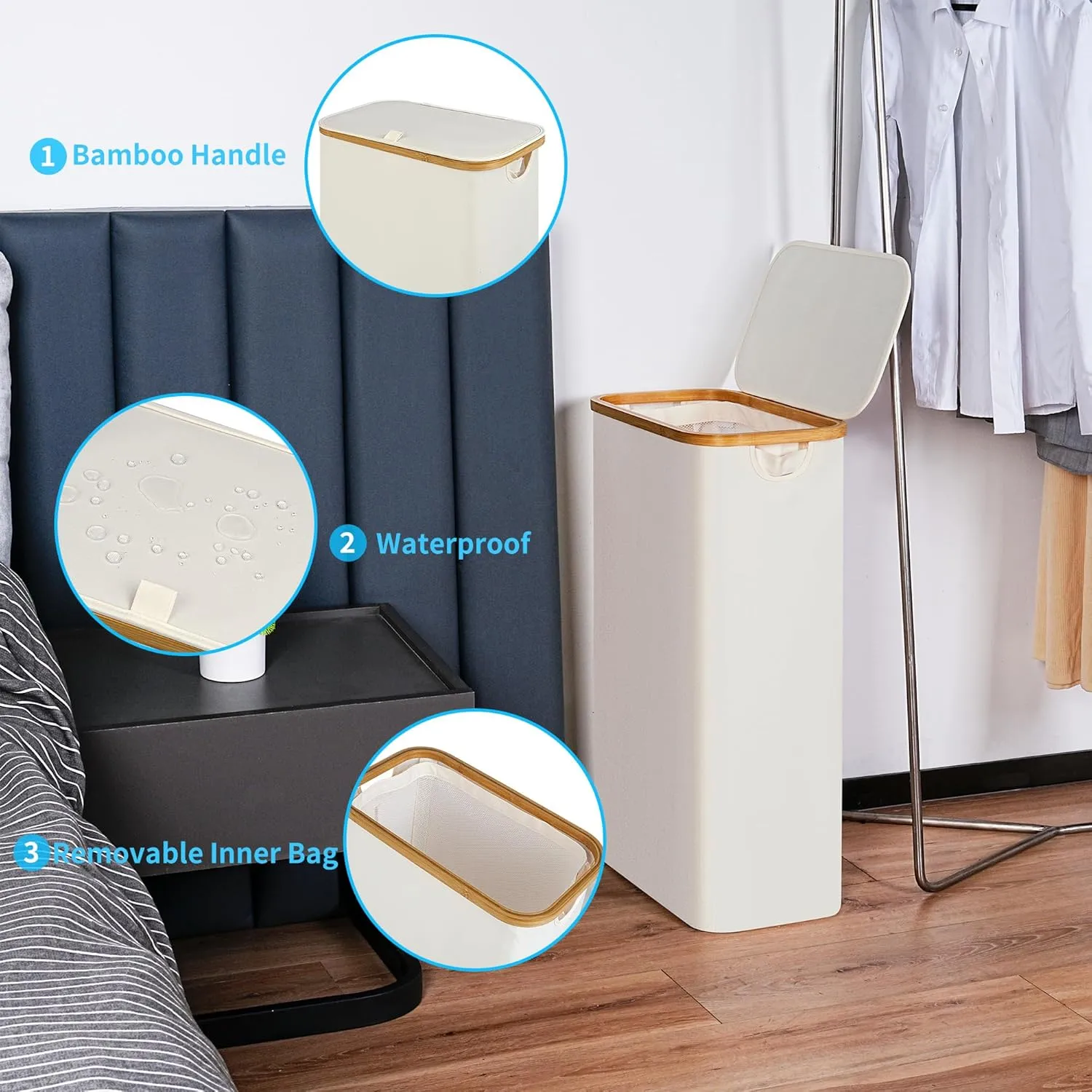 Slim Laundry Basket with Lid, Narrow Laundry Hamper with Removable Bag, Skinny Dirty Clothes Basket with Bamboo Handles for Bathroom, Bedroom & Laundry Room, 75L Beige