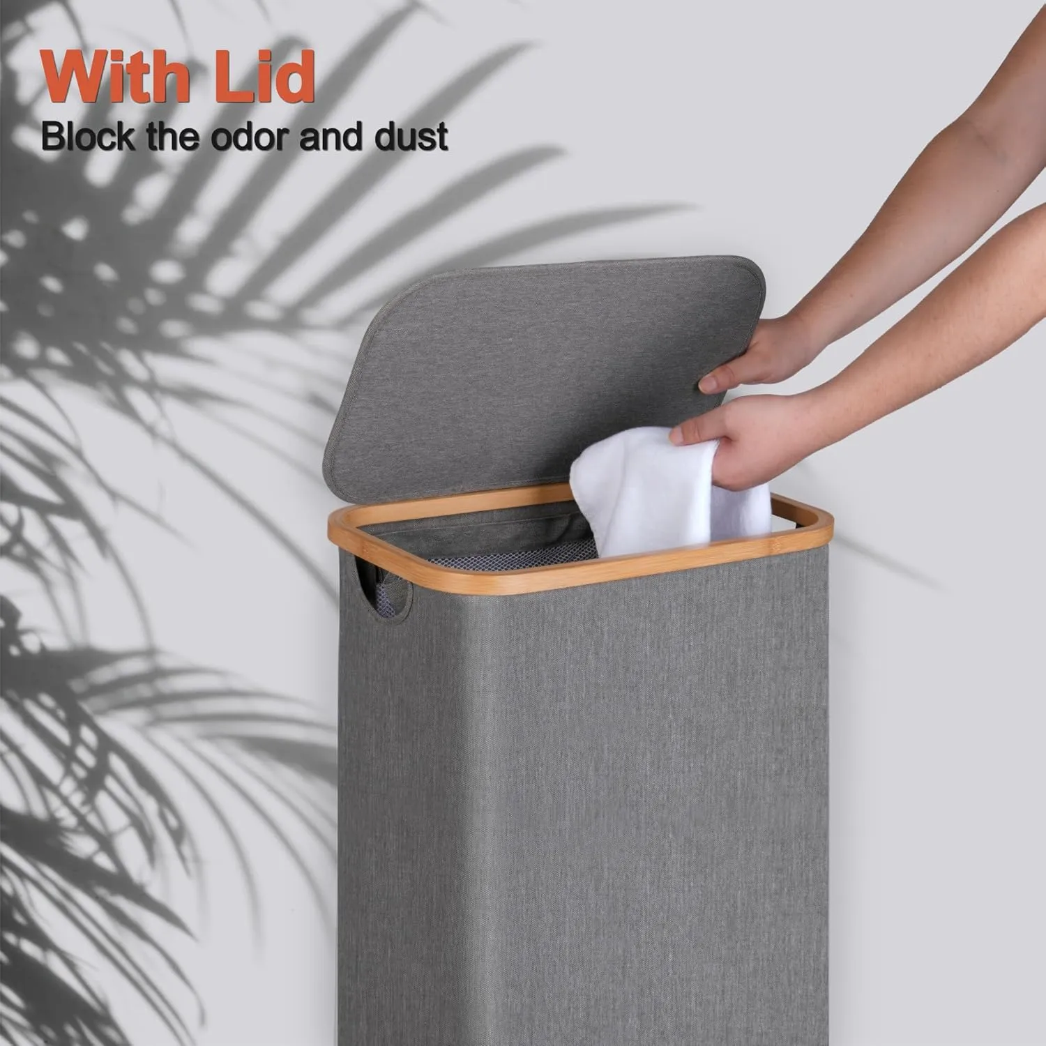 Slim Laundry Basket with Lid, Narrow Laundry Hamper with Removable Bag, Skinny Dirty Clothes Basket with Bamboo Handles for Bathroom, Bedroom & Laundry Room, 75L Grey