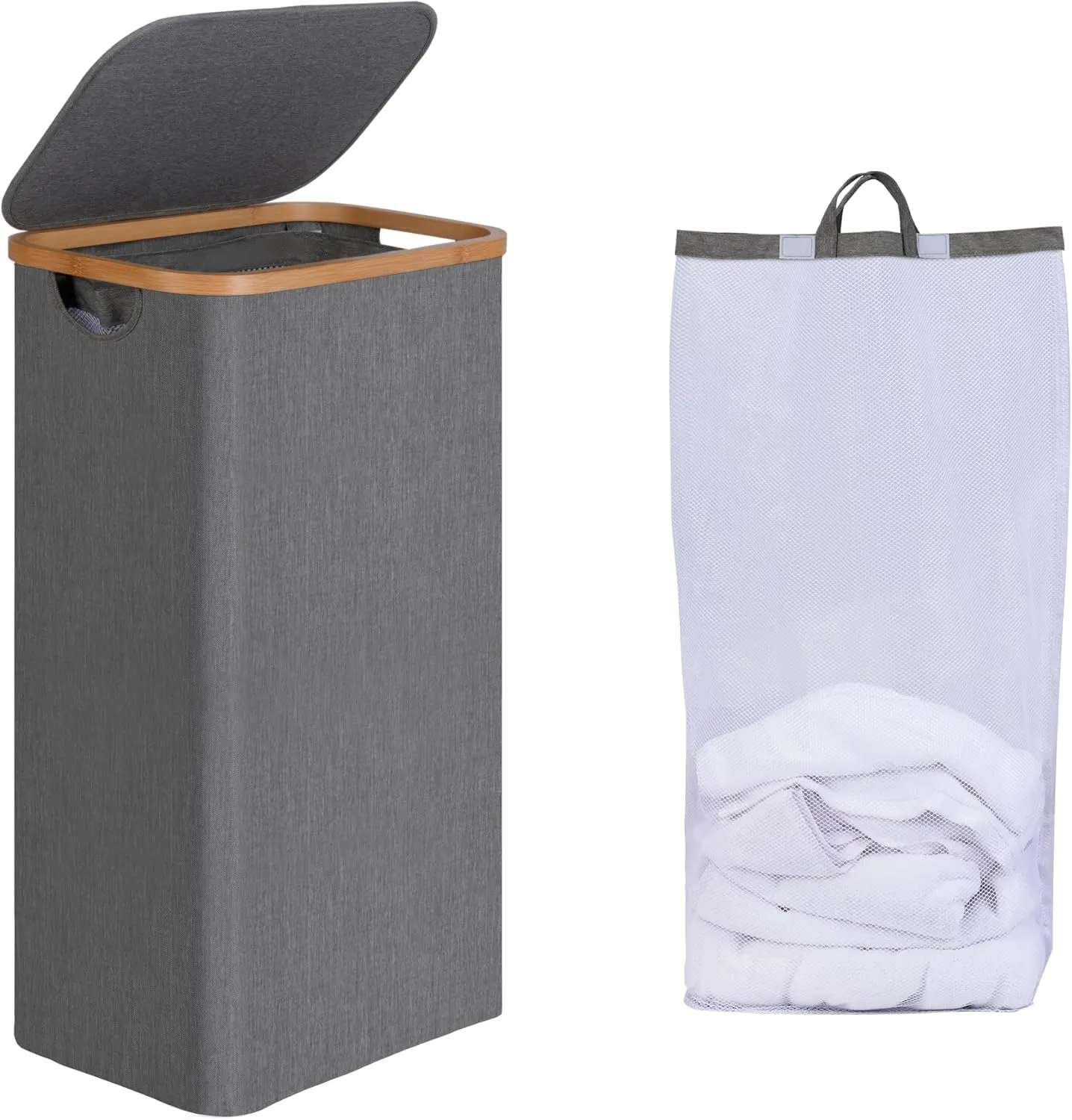 Slim Laundry Basket with Lid, Narrow Laundry Hamper with Removable Bag, Skinny Dirty Clothes Basket with Bamboo Handles for Bathroom, Bedroom & Laundry Room, 75L Grey