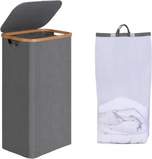 Slim Laundry Basket with Lid, Narrow Laundry Hamper with Removable Bag, Skinny Dirty Clothes Basket with Bamboo Handles for Bathroom, Bedroom & Laundry Room, 75L Grey