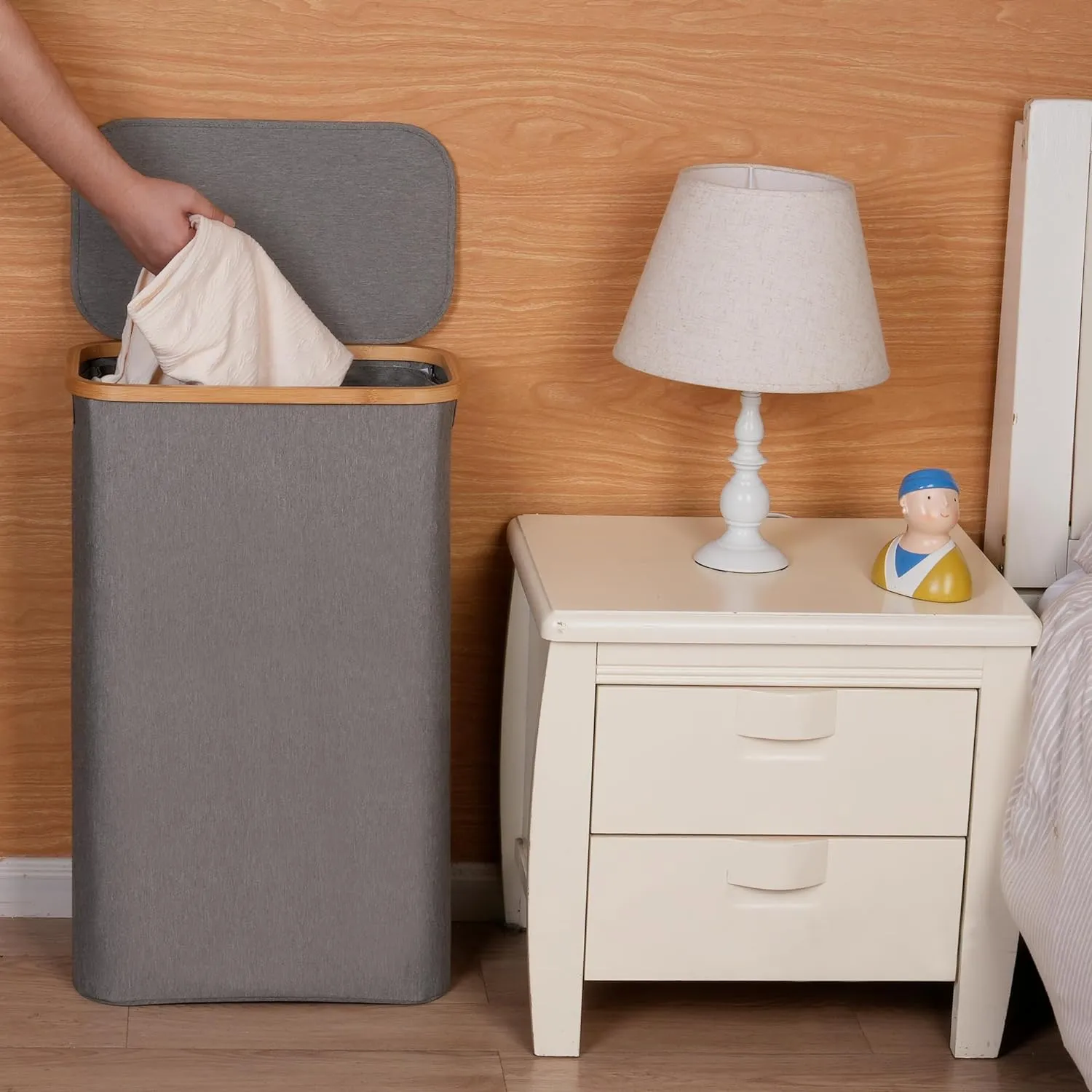 Slim Laundry Basket with Lid, Narrow Laundry Hamper with Removable Bag, Skinny Dirty Clothes Basket with Bamboo Handles for Bathroom, Bedroom & Laundry Room, 75L Grey