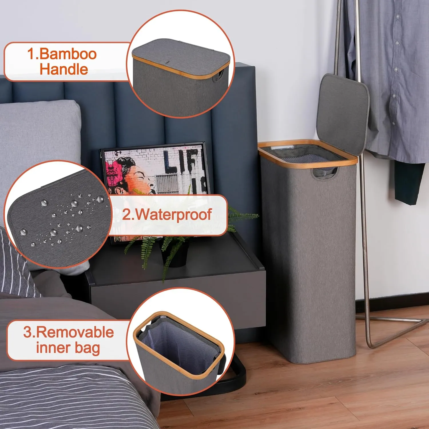 Slim Laundry Basket with Lid, Narrow Laundry Hamper with Removable Bag, Skinny Dirty Clothes Basket with Bamboo Handles for Bathroom, Bedroom & Laundry Room, 75L Grey
