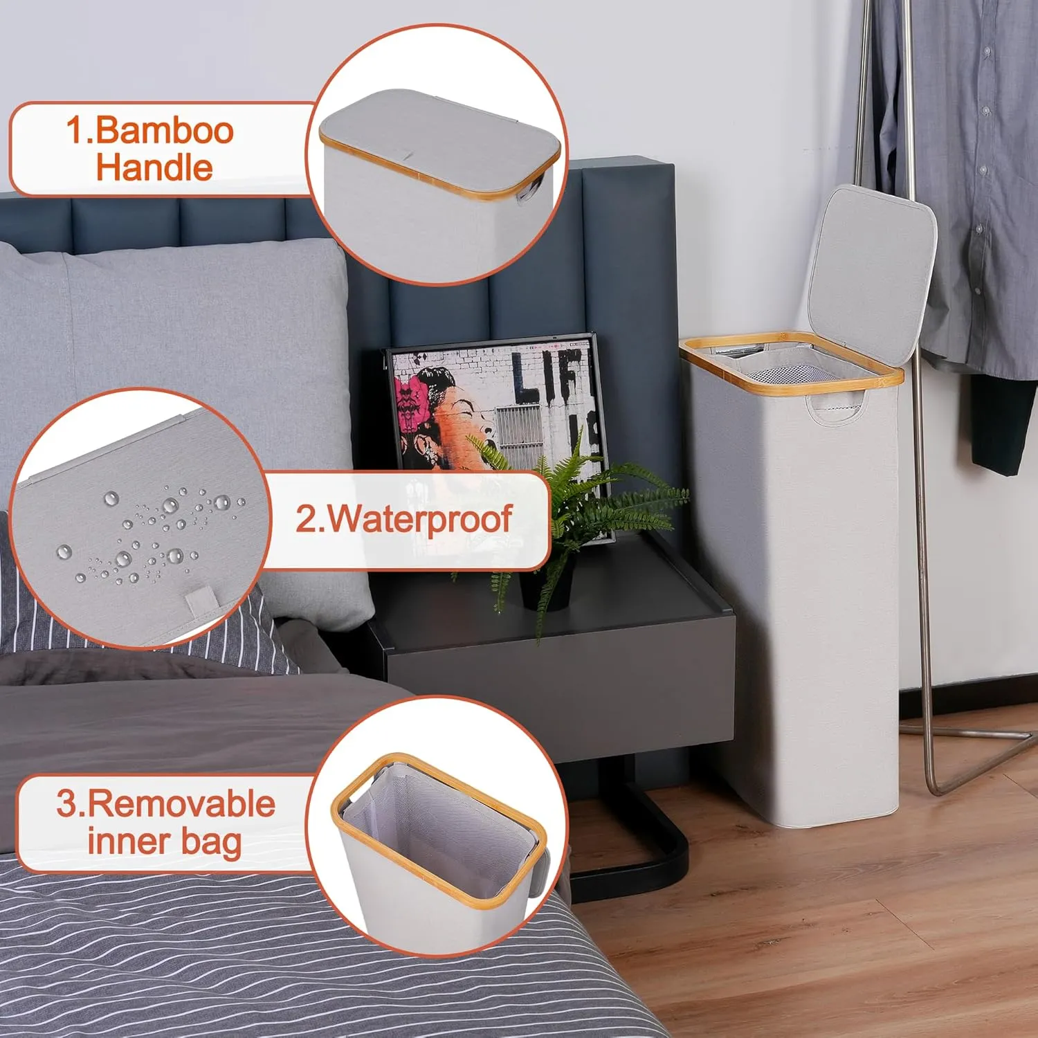 Slim Laundry Basket with Lid, Narrow Laundry Hamper with Removable Bag, Skinny Dirty Clothes Basket with Bamboo Handles for Bathroom, Bedroom & Laundry Room, 75L Light Grey
