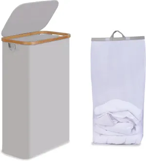 Slim Laundry Basket with Lid, Narrow Laundry Hamper with Removable Bag, Skinny Dirty Clothes Basket with Bamboo Handles for Bathroom, Bedroom & Laundry Room, 75L Light Grey