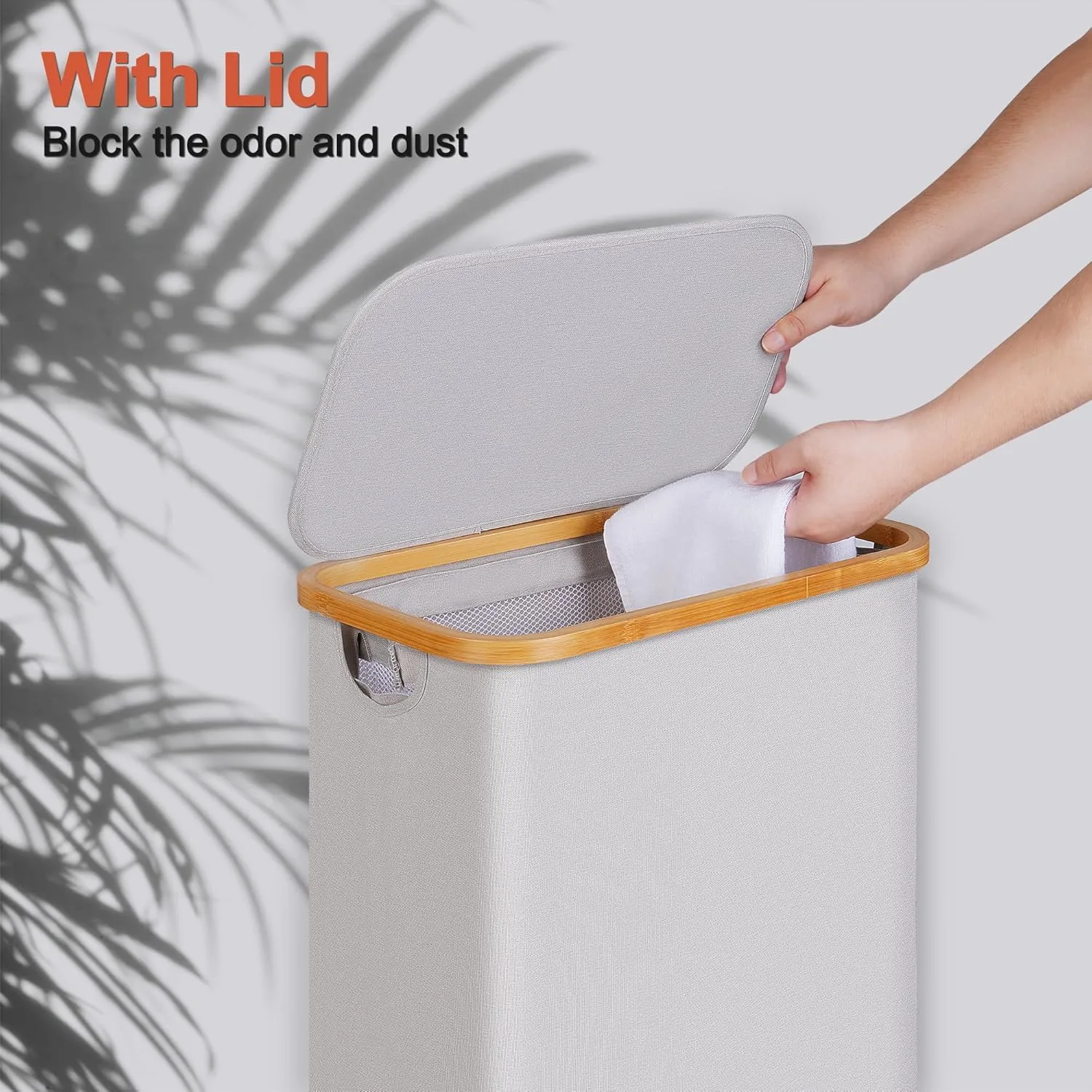 Slim Laundry Basket with Lid, Narrow Laundry Hamper with Removable Bag, Skinny Dirty Clothes Basket with Bamboo Handles for Bathroom, Bedroom & Laundry Room, 75L Light Grey