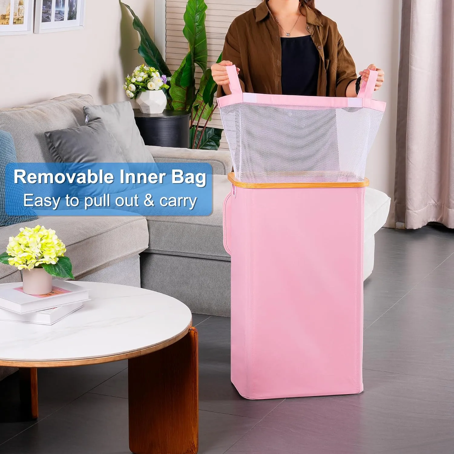 Slim Laundry Basket with Lid, Narrow Laundry Hamper with Removable Bag, Skinny Dirty Clothes Basket with Bamboo Handles for Bathroom, Bedroom & Laundry Room, 75L Pink