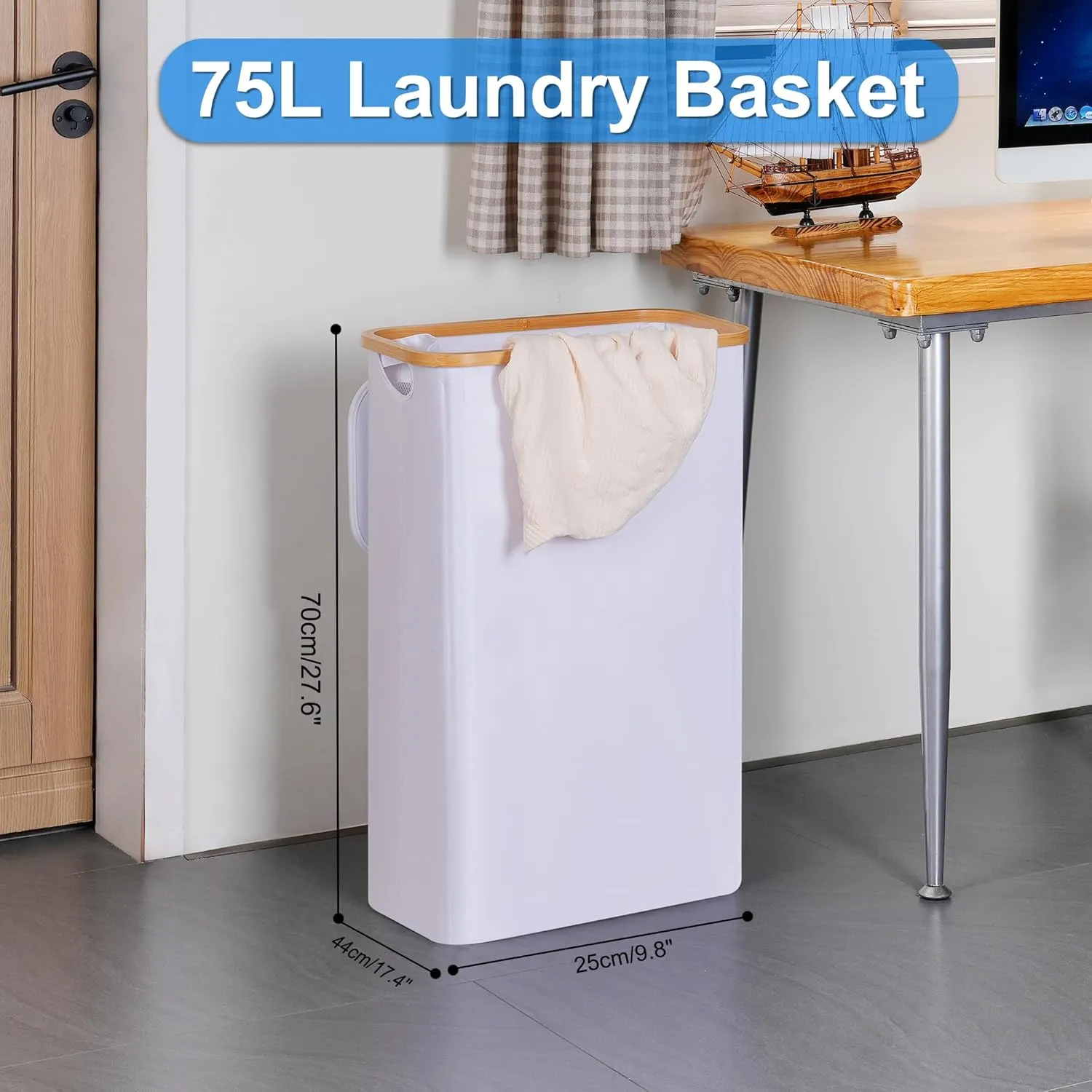 Slim Laundry Basket with Lid, Narrow Laundry Hamper with Removable Bag, Skinny Dirty Clothes Basket with Bamboo Handles for Bathroom, Bedroom & Laundry Room, 75L White