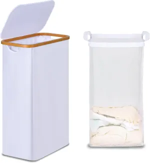 Slim Laundry Basket with Lid, Narrow Laundry Hamper with Removable Bag, Skinny Dirty Clothes Basket with Bamboo Handles for Bathroom, Bedroom & Laundry Room, 75L White