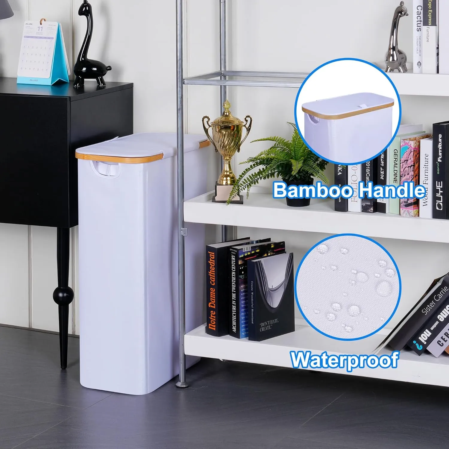 Slim Laundry Basket with Lid, Narrow Laundry Hamper with Removable Bag, Skinny Dirty Clothes Basket with Bamboo Handles for Bathroom, Bedroom & Laundry Room, 75L White