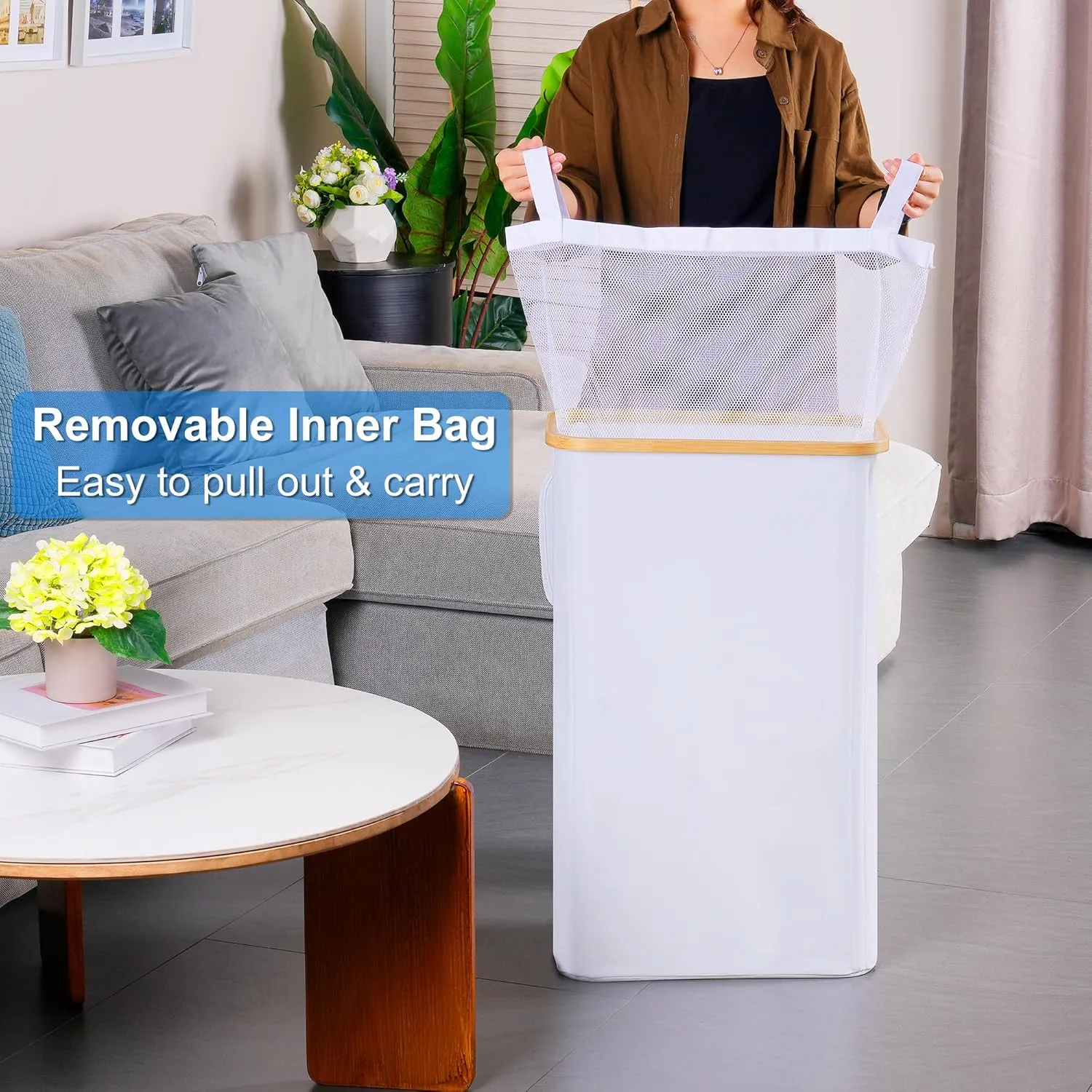 Slim Laundry Basket with Lid, Narrow Laundry Hamper with Removable Bag, Skinny Dirty Clothes Basket with Bamboo Handles for Bathroom, Bedroom & Laundry Room, 75L White
