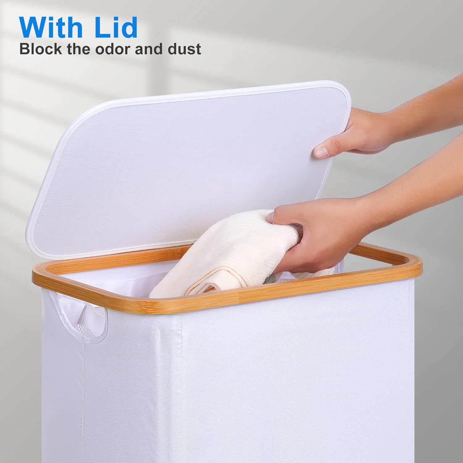 Slim Laundry Basket with Lid, Narrow Laundry Hamper with Removable Bag, Skinny Dirty Clothes Basket with Bamboo Handles for Bathroom, Bedroom & Laundry Room, 75L White