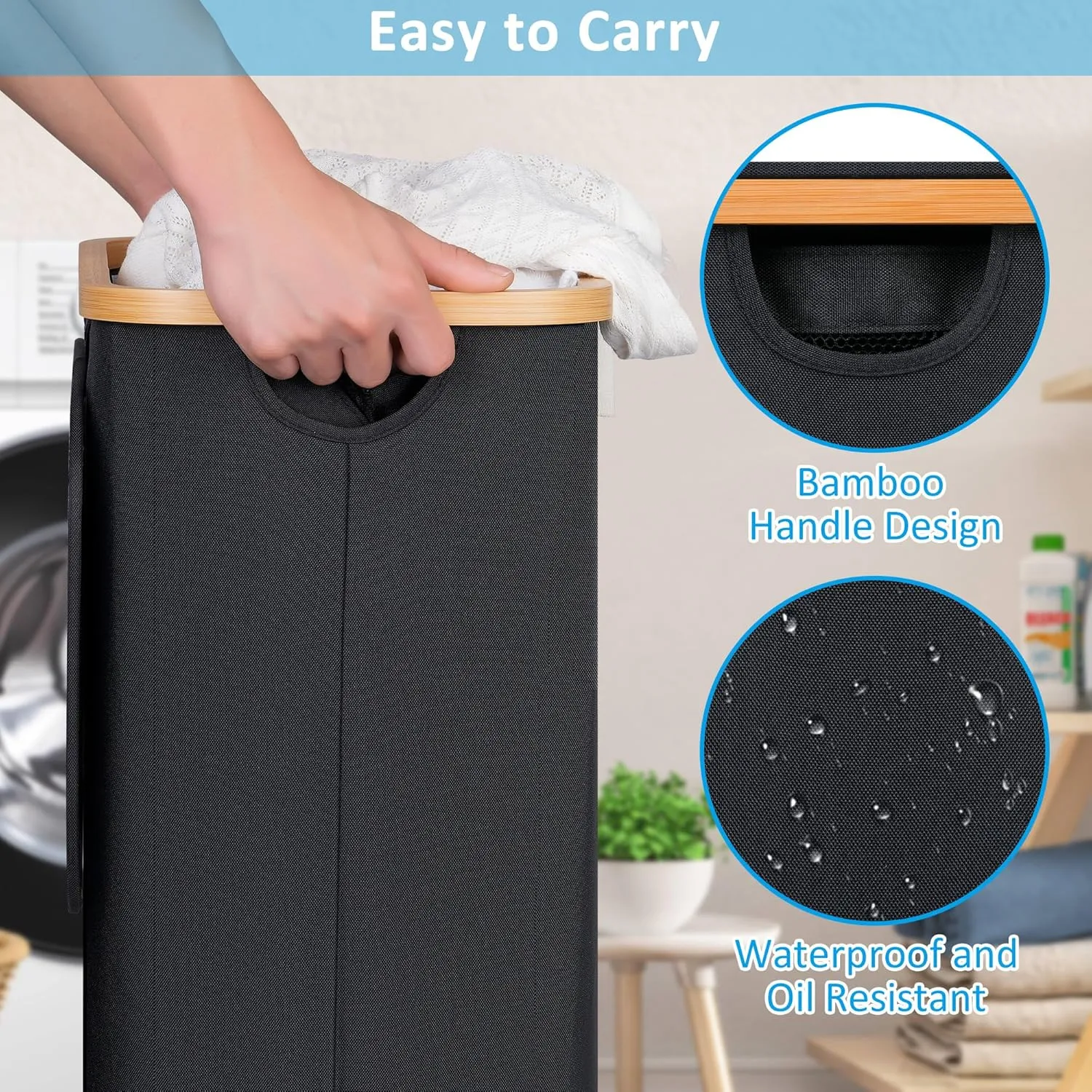 Slim Laundry Basket with Wheels, Narrow Rolling Laundry Hamper with Lid and Removable Bag, Aesthetic Dirty Clothes Hamper on Wheels for Laundry Room, Bedroom, Dorm and Bathroom, 75L Dark Black
