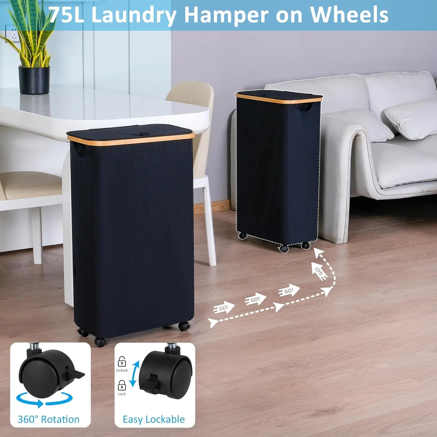 Slim Laundry Basket with Wheels, Narrow Rolling Laundry Hamper with Lid and Removable Bag, Aesthetic Dirty Clothes Hamper on Wheels for Laundry Room, Bedroom, Dorm and Bathroom, 75L Dark Black