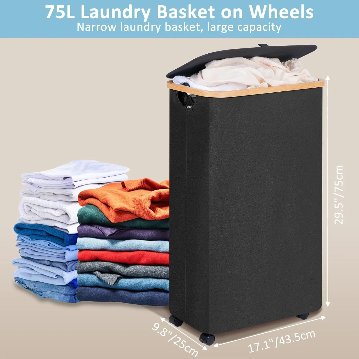 Slim Laundry Basket with Wheels, Narrow Rolling Laundry Hamper with Lid and Removable Bag, Aesthetic Dirty Clothes Hamper on Wheels for Laundry Room, Bedroom, Dorm and Bathroom, 75L Dark Black