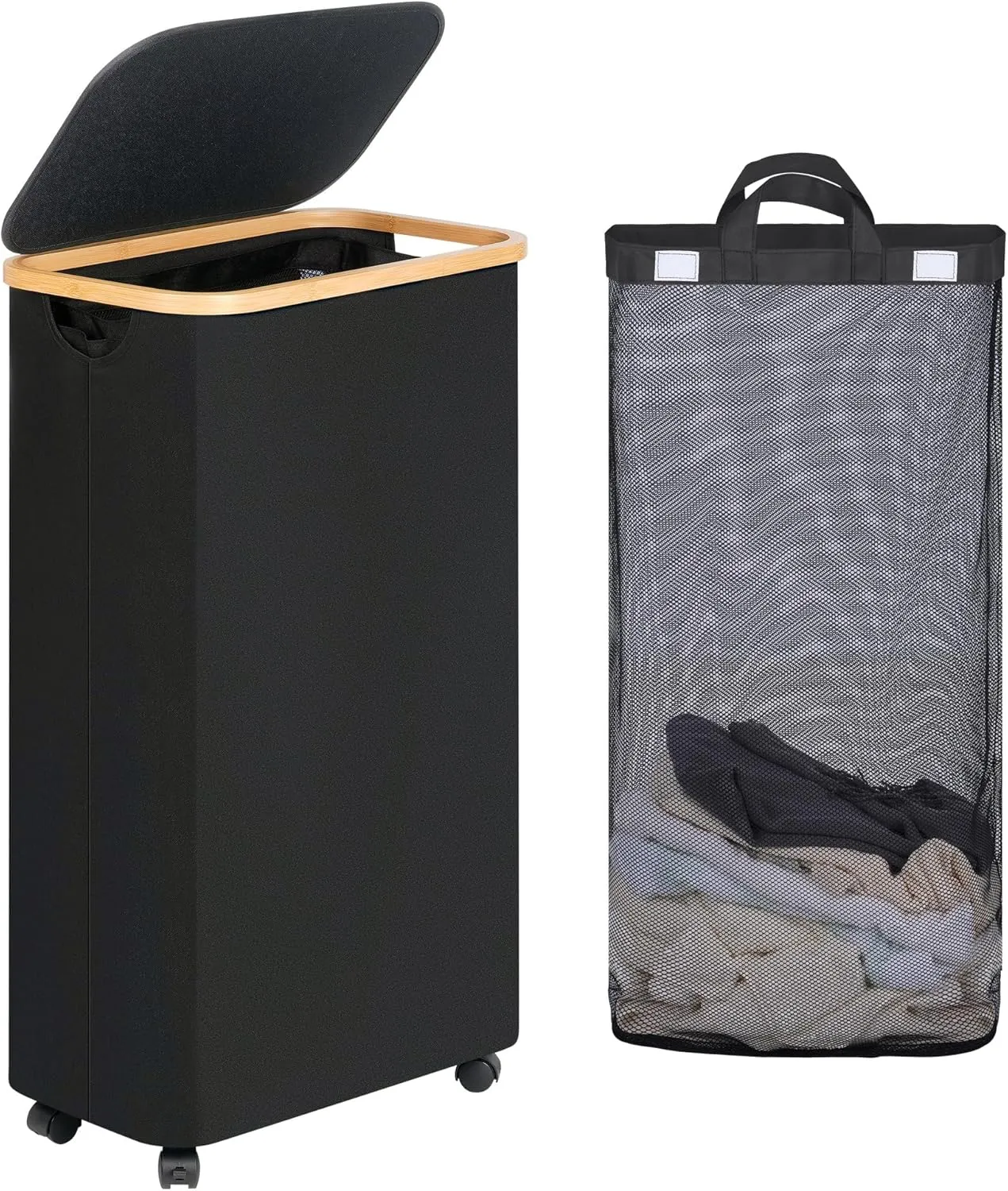 Slim Laundry Basket with Wheels, Narrow Rolling Laundry Hamper with Lid and Removable Bag, Aesthetic Dirty Clothes Hamper on Wheels for Laundry Room, Bedroom, Dorm and Bathroom, 75L Dark Black