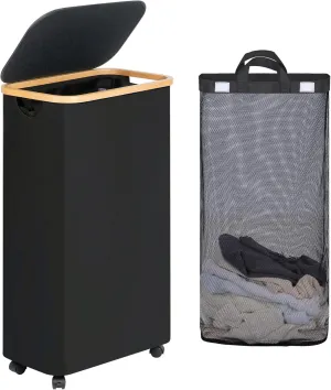 Slim Laundry Basket with Wheels, Narrow Rolling Laundry Hamper with Lid and Removable Bag, Aesthetic Dirty Clothes Hamper on Wheels for Laundry Room, Bedroom, Dorm and Bathroom, 75L Dark Black