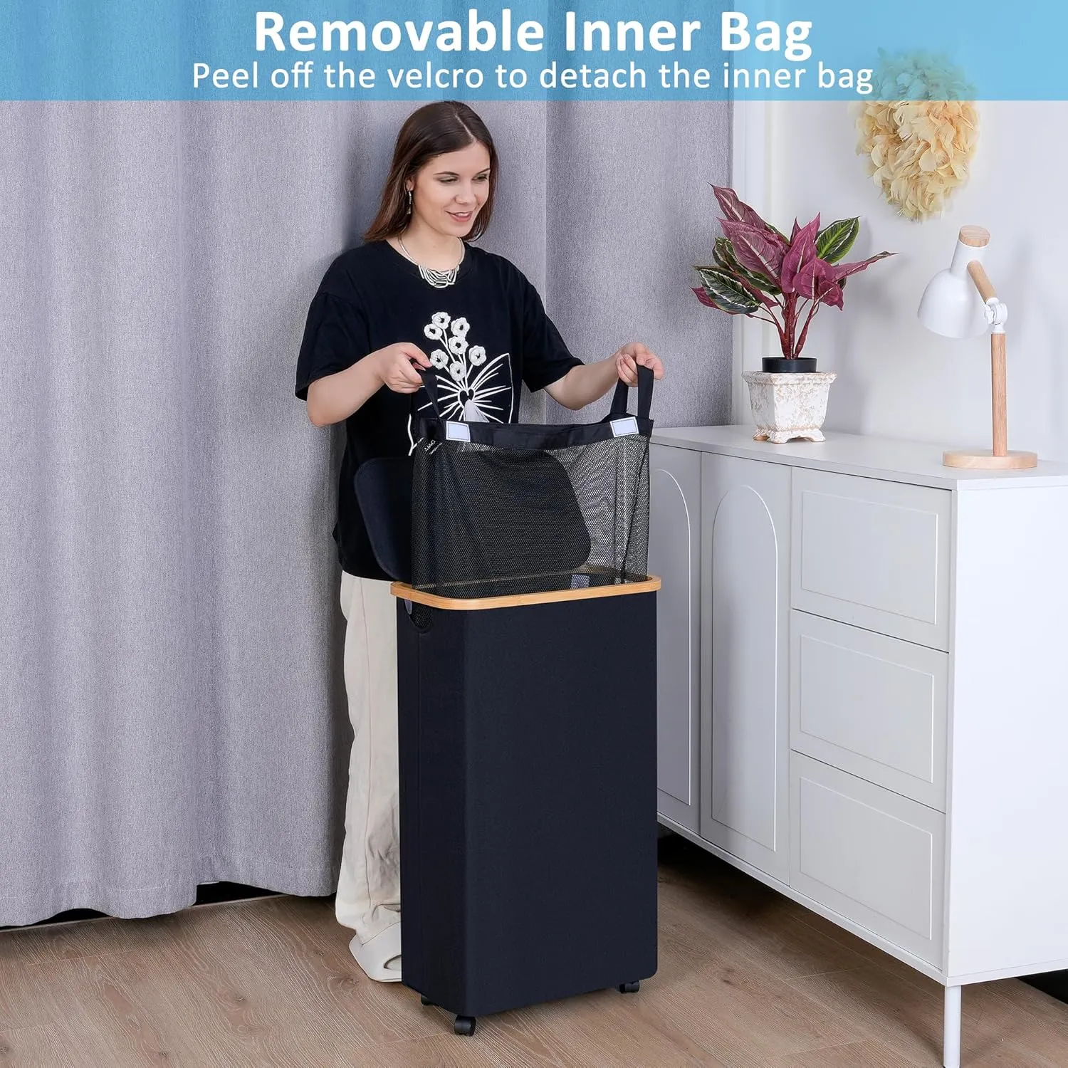 Slim Laundry Basket with Wheels, Narrow Rolling Laundry Hamper with Lid and Removable Bag, Aesthetic Dirty Clothes Hamper on Wheels for Laundry Room, Bedroom, Dorm and Bathroom, 75L Dark Black