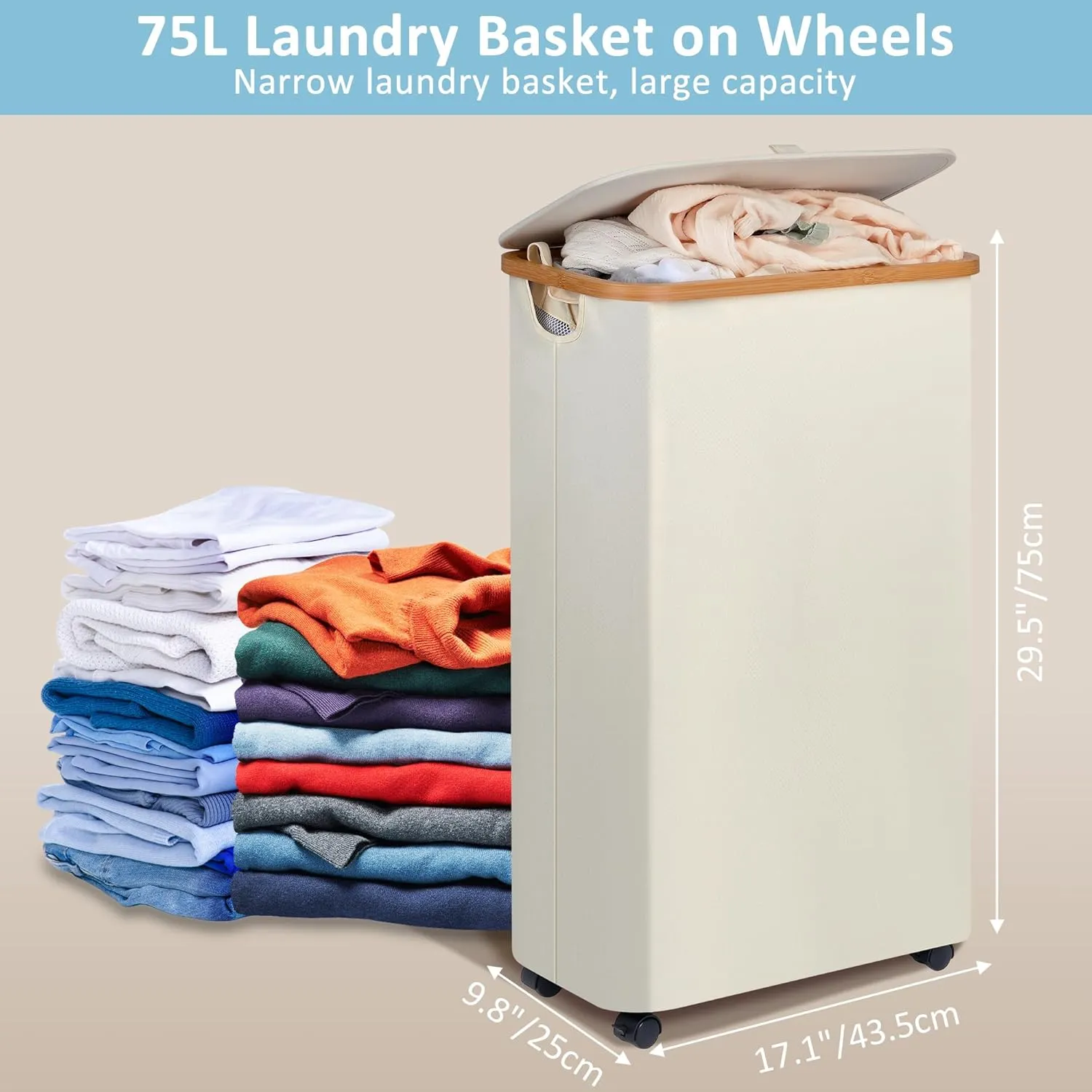 Slim Laundry Basket with Wheels, Narrow Rolling Laundry Hamper with Lid and Removable Bag, Tall Aesthetic Dirty Clothes Hamper on Wheels for Laundry Room, Bedroom, Dorm and Bathroom, 75L Beige