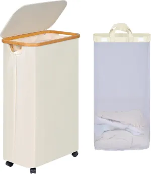 Slim Laundry Basket with Wheels, Narrow Rolling Laundry Hamper with Lid and Removable Bag, Tall Aesthetic Dirty Clothes Hamper on Wheels for Laundry Room, Bedroom, Dorm and Bathroom, 75L Beige