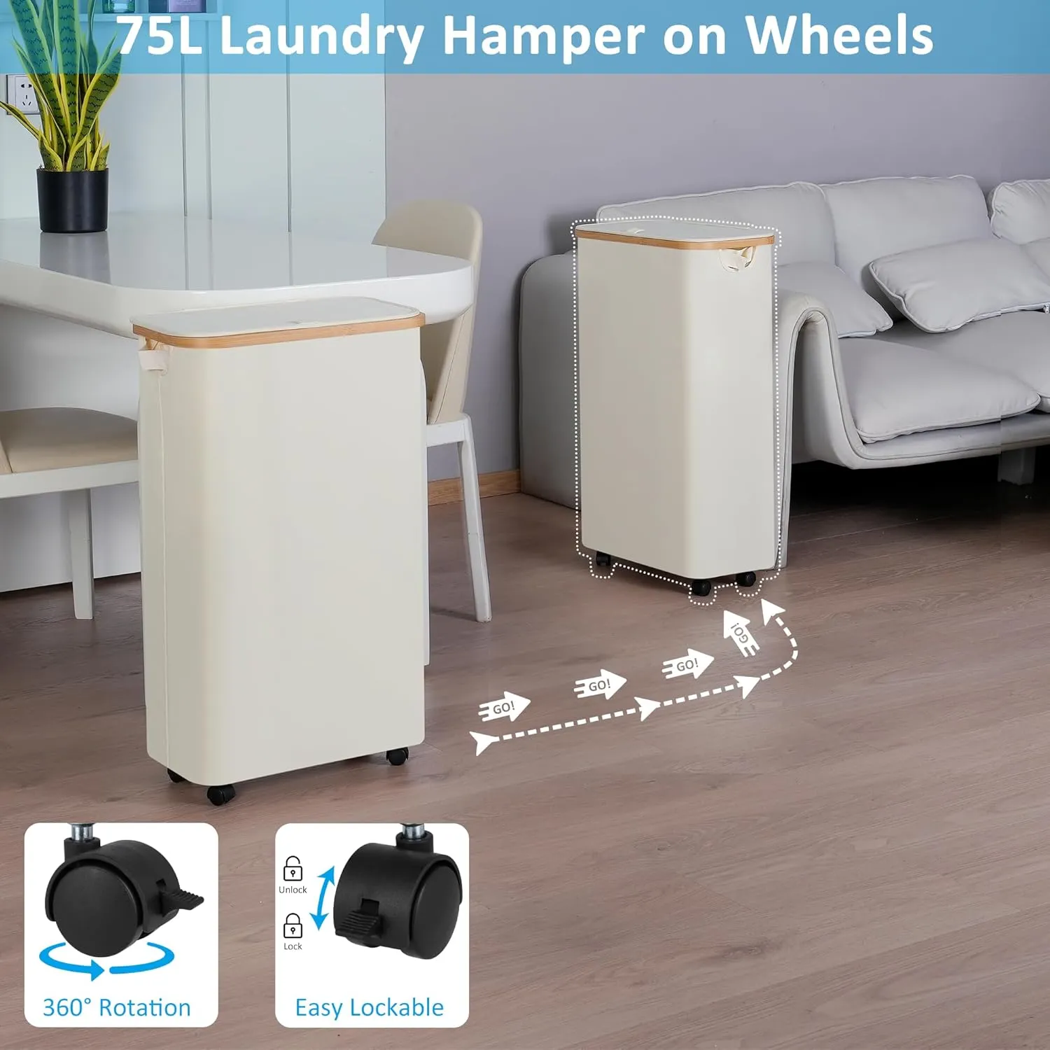 Slim Laundry Basket with Wheels, Narrow Rolling Laundry Hamper with Lid and Removable Bag, Tall Aesthetic Dirty Clothes Hamper on Wheels for Laundry Room, Bedroom, Dorm and Bathroom, 75L Beige