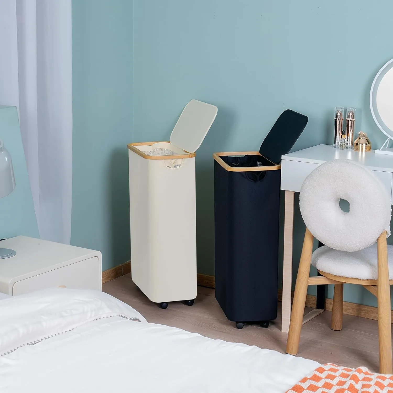 Slim Laundry Basket with Wheels, Narrow Rolling Laundry Hamper with Lid and Removable Bag, Tall Aesthetic Dirty Clothes Hamper on Wheels for Laundry Room, Bedroom, Dorm and Bathroom, 75L Beige