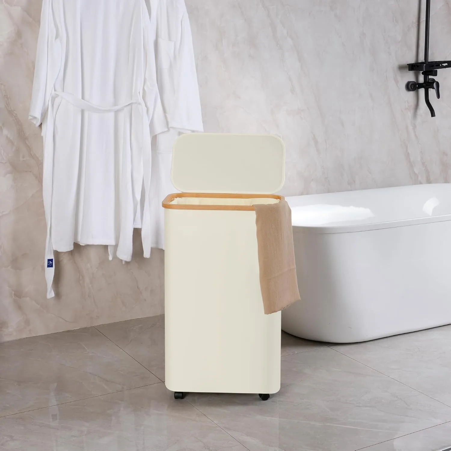 Slim Laundry Basket with Wheels, Narrow Rolling Laundry Hamper with Lid and Removable Bag, Tall Aesthetic Dirty Clothes Hamper on Wheels for Laundry Room, Bedroom, Dorm and Bathroom, 75L Beige