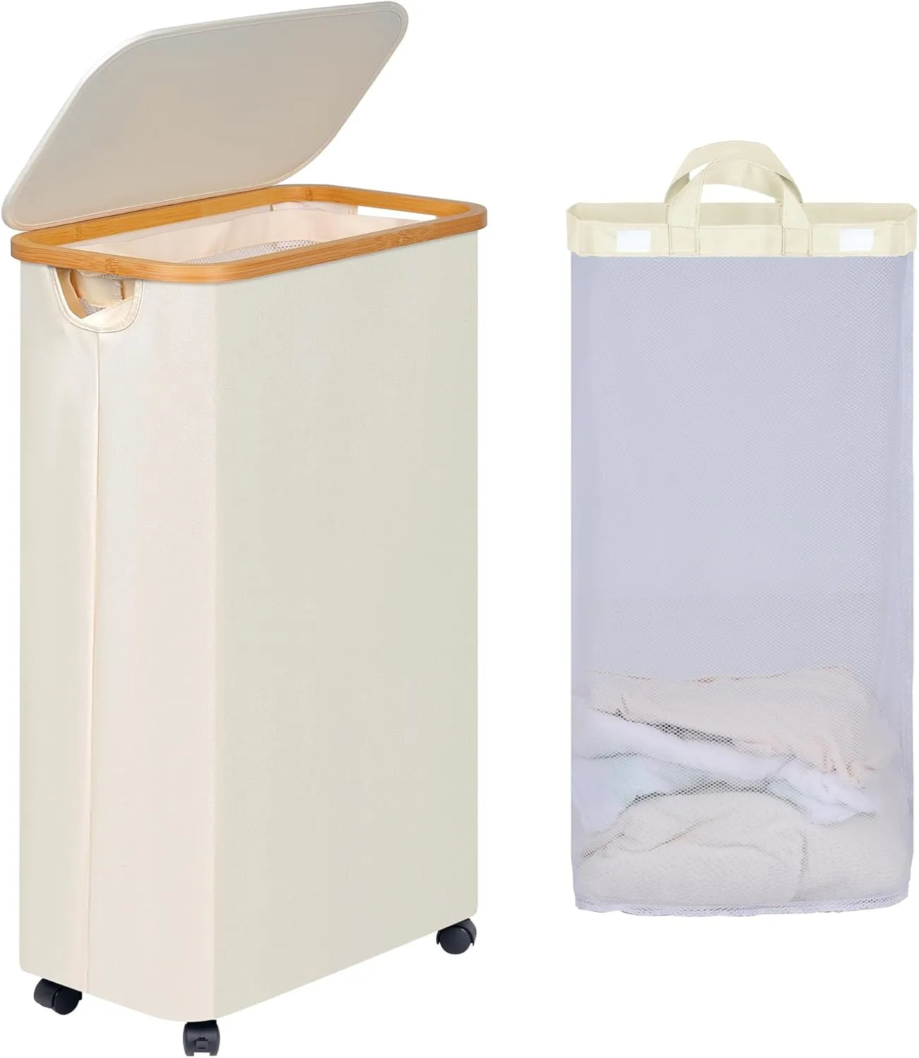 Slim Laundry Basket with Wheels, Narrow Rolling Laundry Hamper with Lid and Removable Bag, Tall Aesthetic Dirty Clothes Hamper on Wheels for Laundry Room, Bedroom, Dorm and Bathroom, 75L Beige