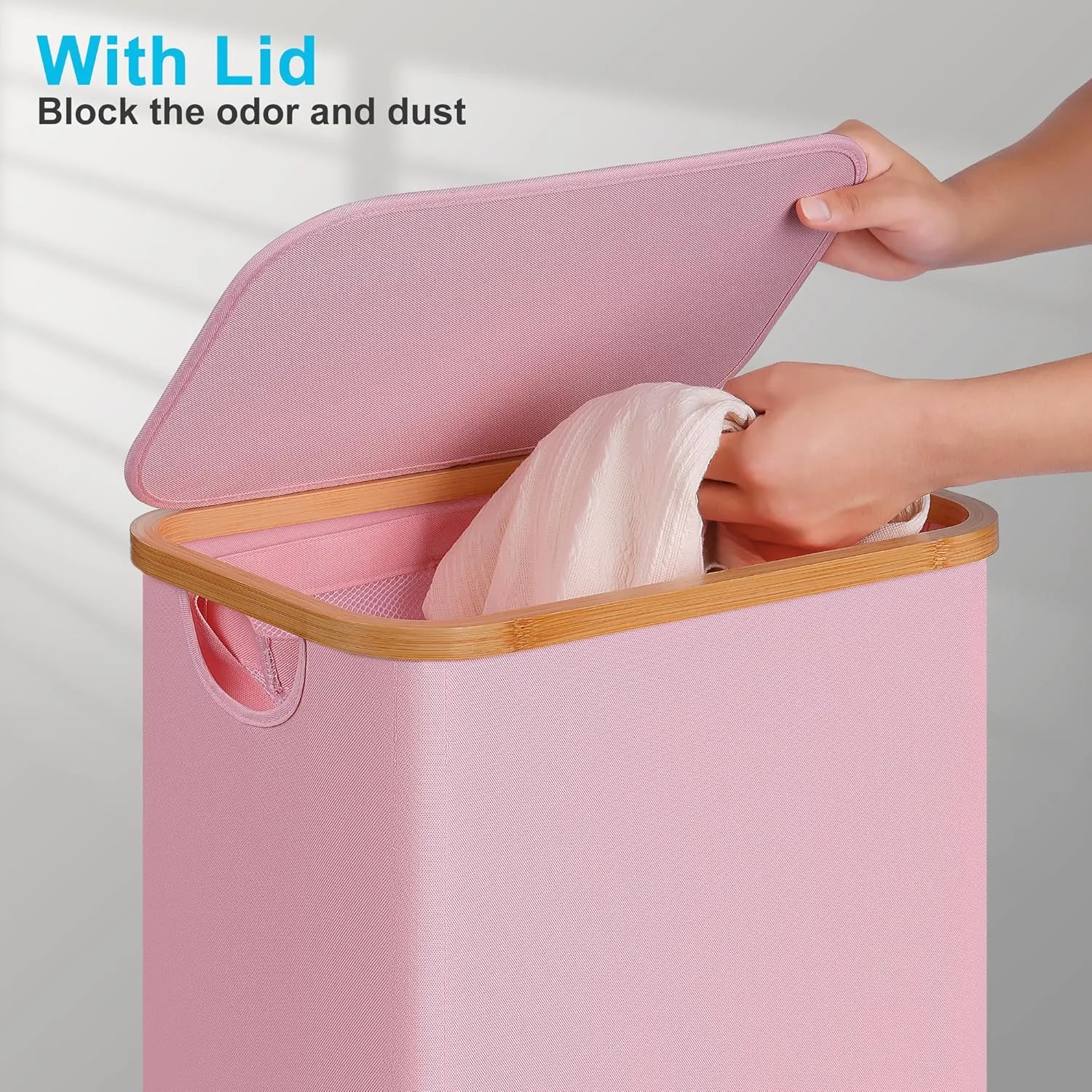 Slim Laundry Basket with Wheels, Narrow Rolling Laundry Hamper with Lid and Removable Bag, Tall Aesthetic Dirty Clothes Hamper on Wheels for Laundry Room, Bedroom, Dorm and Bathroom, 75L Pink