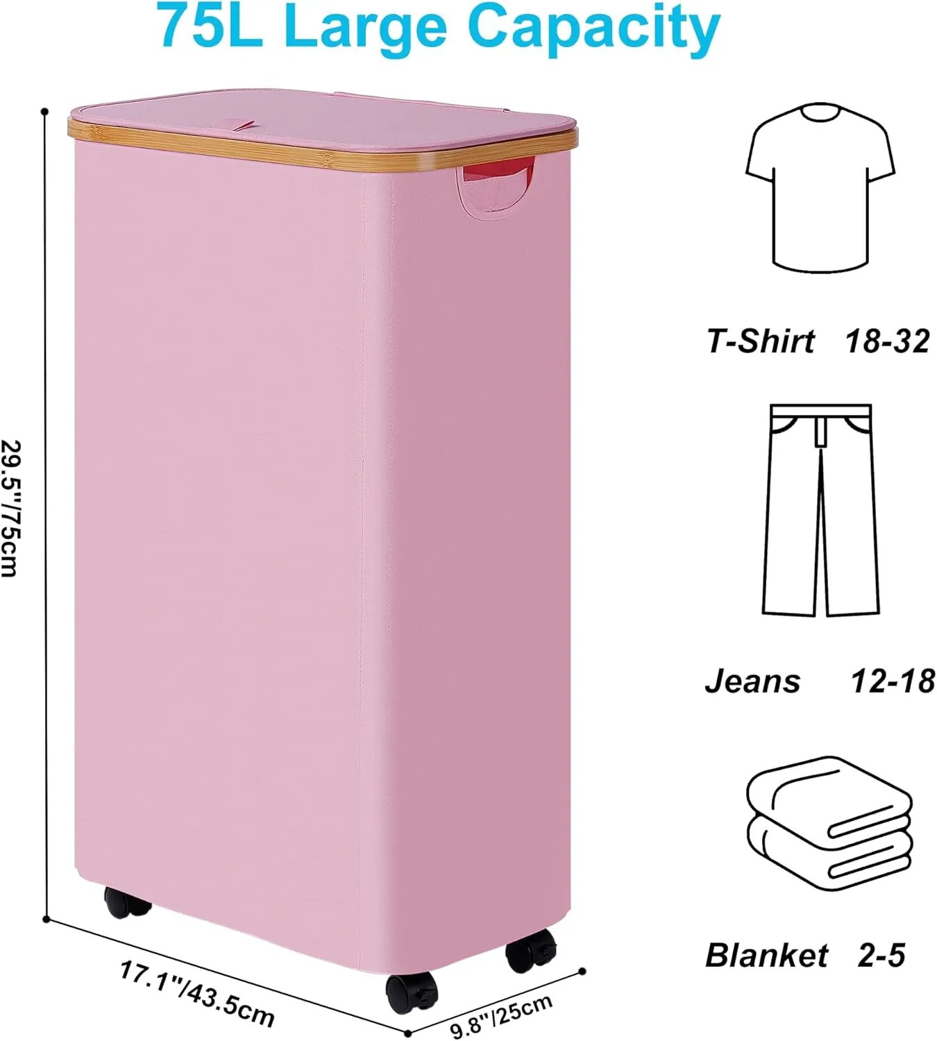 Slim Laundry Basket with Wheels, Narrow Rolling Laundry Hamper with Lid and Removable Bag, Tall Aesthetic Dirty Clothes Hamper on Wheels for Laundry Room, Bedroom, Dorm and Bathroom, 75L Pink