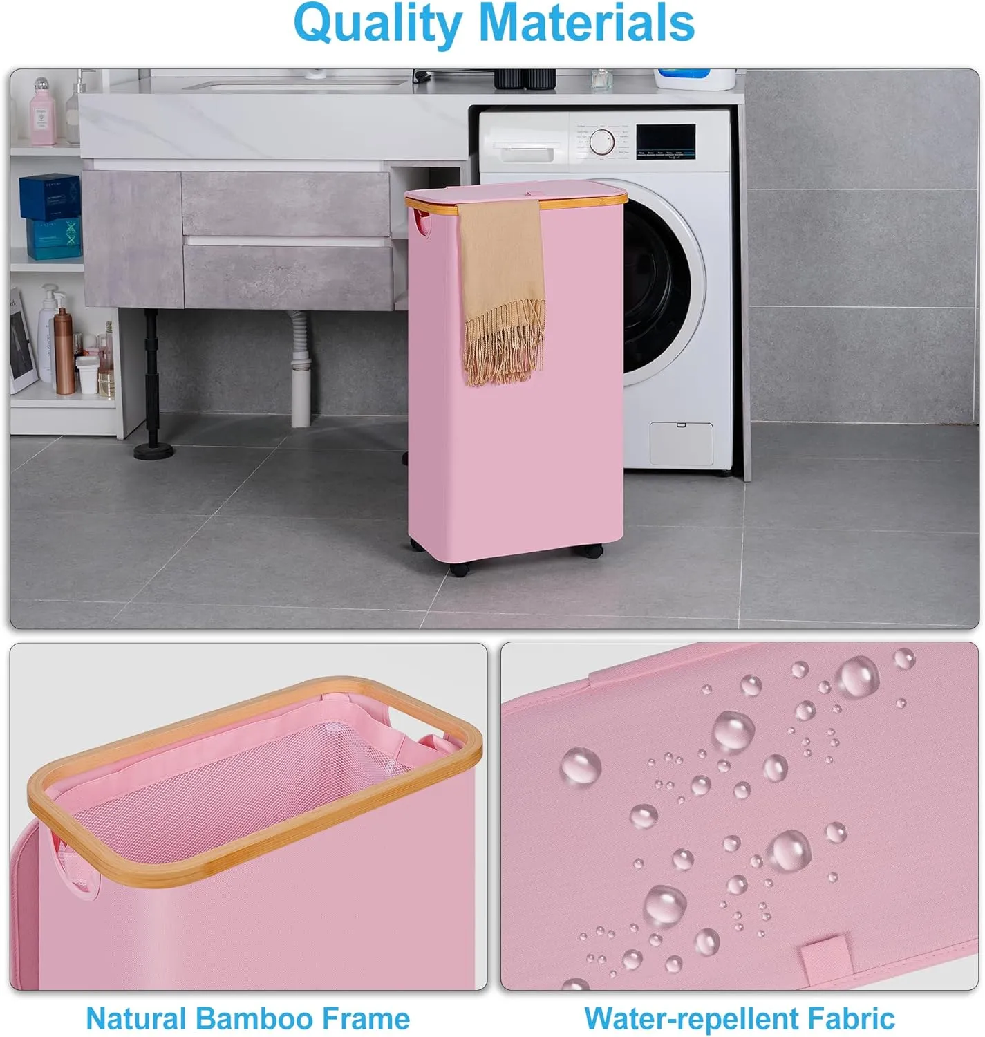 Slim Laundry Basket with Wheels, Narrow Rolling Laundry Hamper with Lid and Removable Bag, Tall Aesthetic Dirty Clothes Hamper on Wheels for Laundry Room, Bedroom, Dorm and Bathroom, 75L Pink