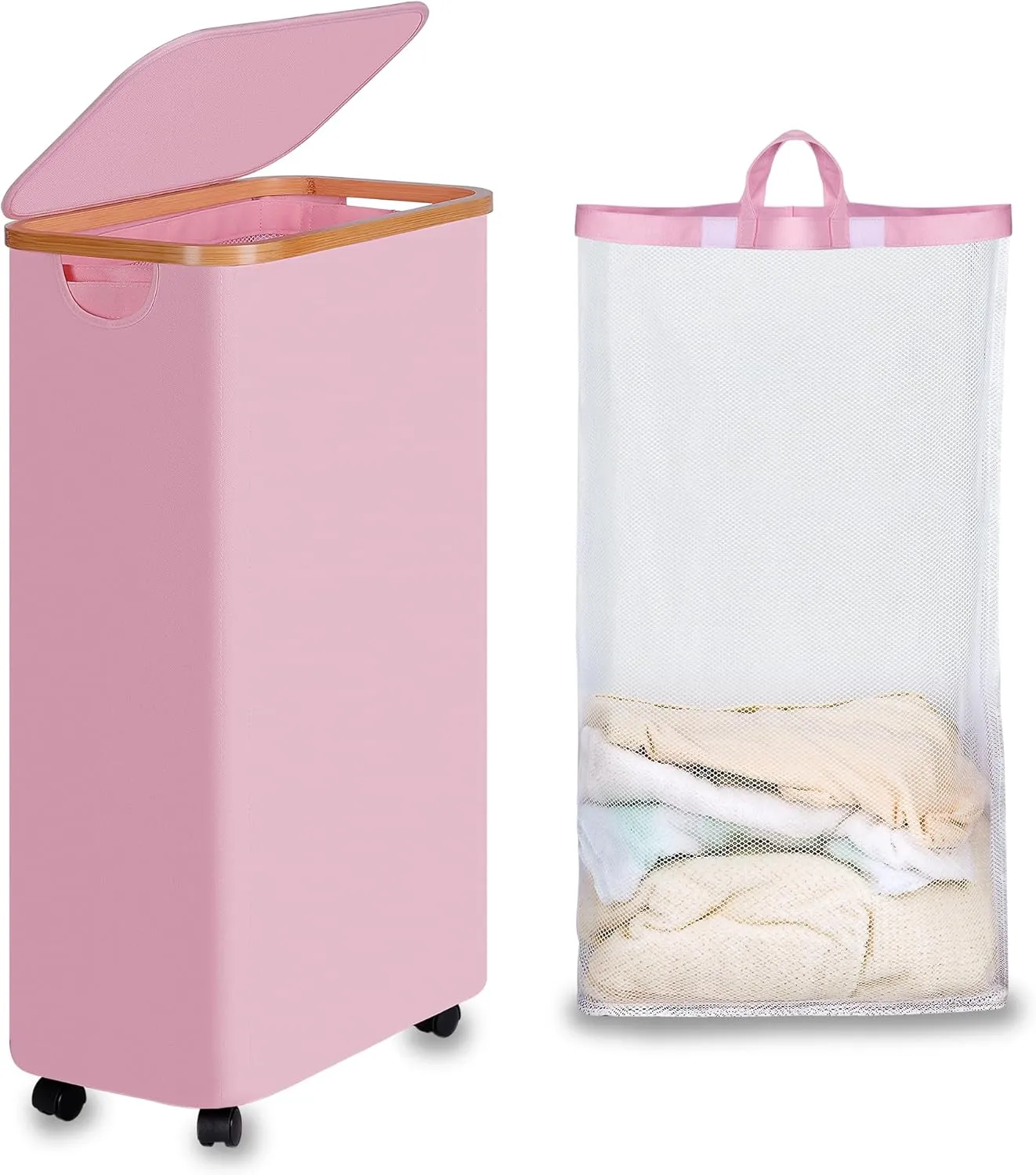 Slim Laundry Basket with Wheels, Narrow Rolling Laundry Hamper with Lid and Removable Bag, Tall Aesthetic Dirty Clothes Hamper on Wheels for Laundry Room, Bedroom, Dorm and Bathroom, 75L Pink