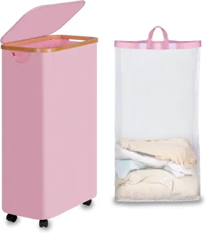 Slim Laundry Basket with Wheels, Narrow Rolling Laundry Hamper with Lid and Removable Bag, Tall Aesthetic Dirty Clothes Hamper on Wheels for Laundry Room, Bedroom, Dorm and Bathroom, 75L Pink