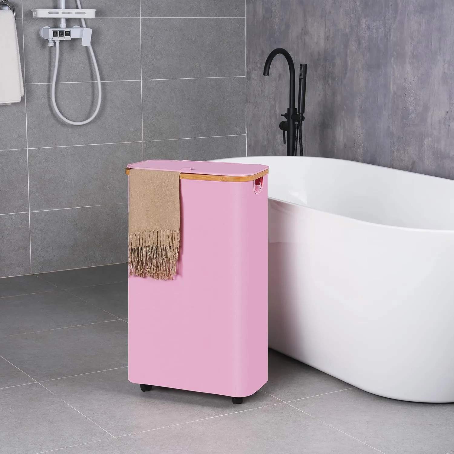 Slim Laundry Basket with Wheels, Narrow Rolling Laundry Hamper with Lid and Removable Bag, Tall Aesthetic Dirty Clothes Hamper on Wheels for Laundry Room, Bedroom, Dorm and Bathroom, 75L Pink