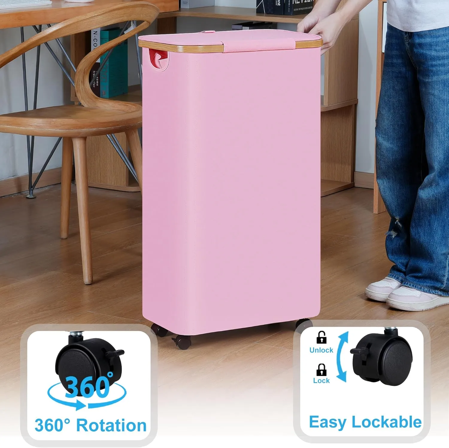 Slim Laundry Basket with Wheels, Narrow Rolling Laundry Hamper with Lid and Removable Bag, Tall Aesthetic Dirty Clothes Hamper on Wheels for Laundry Room, Bedroom, Dorm and Bathroom, 75L Pink