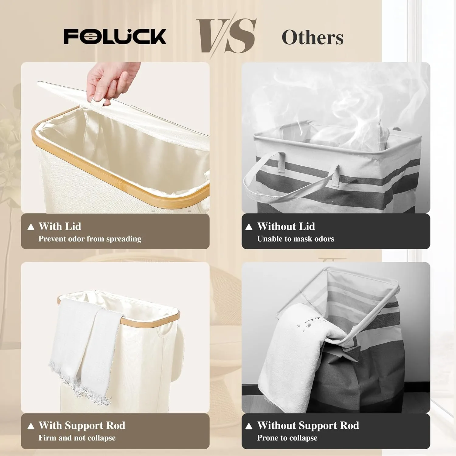 Slim Laundry Hamper, 60L Waterproof Narrow Laundry Basket with Lid and Removable Bag, Collapsible Tall Clothes Hamper with Bamboo Handles for Clothes Toys in Dorm Bedroom Bathroom, Beige