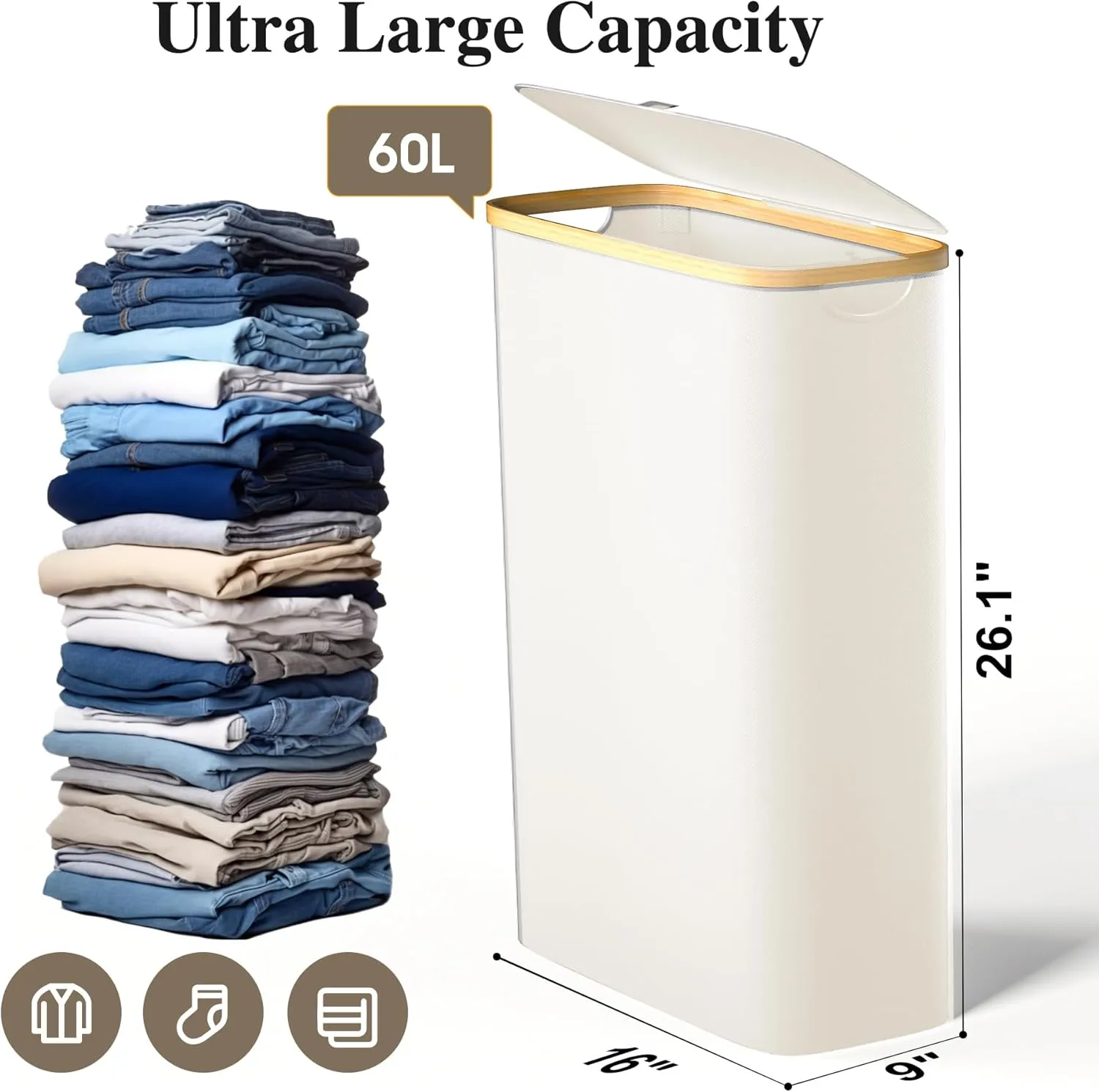 Slim Laundry Hamper, 60L Waterproof Narrow Laundry Basket with Lid and Removable Bag, Collapsible Tall Clothes Hamper with Bamboo Handles for Clothes Toys in Dorm Bedroom Bathroom, Beige