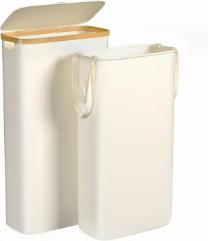 Slim Laundry Hamper, 60L Waterproof Narrow Laundry Basket with Lid and Removable Bag, Collapsible Tall Clothes Hamper with Bamboo Handles for Clothes Toys in Dorm Bedroom Bathroom, Beige