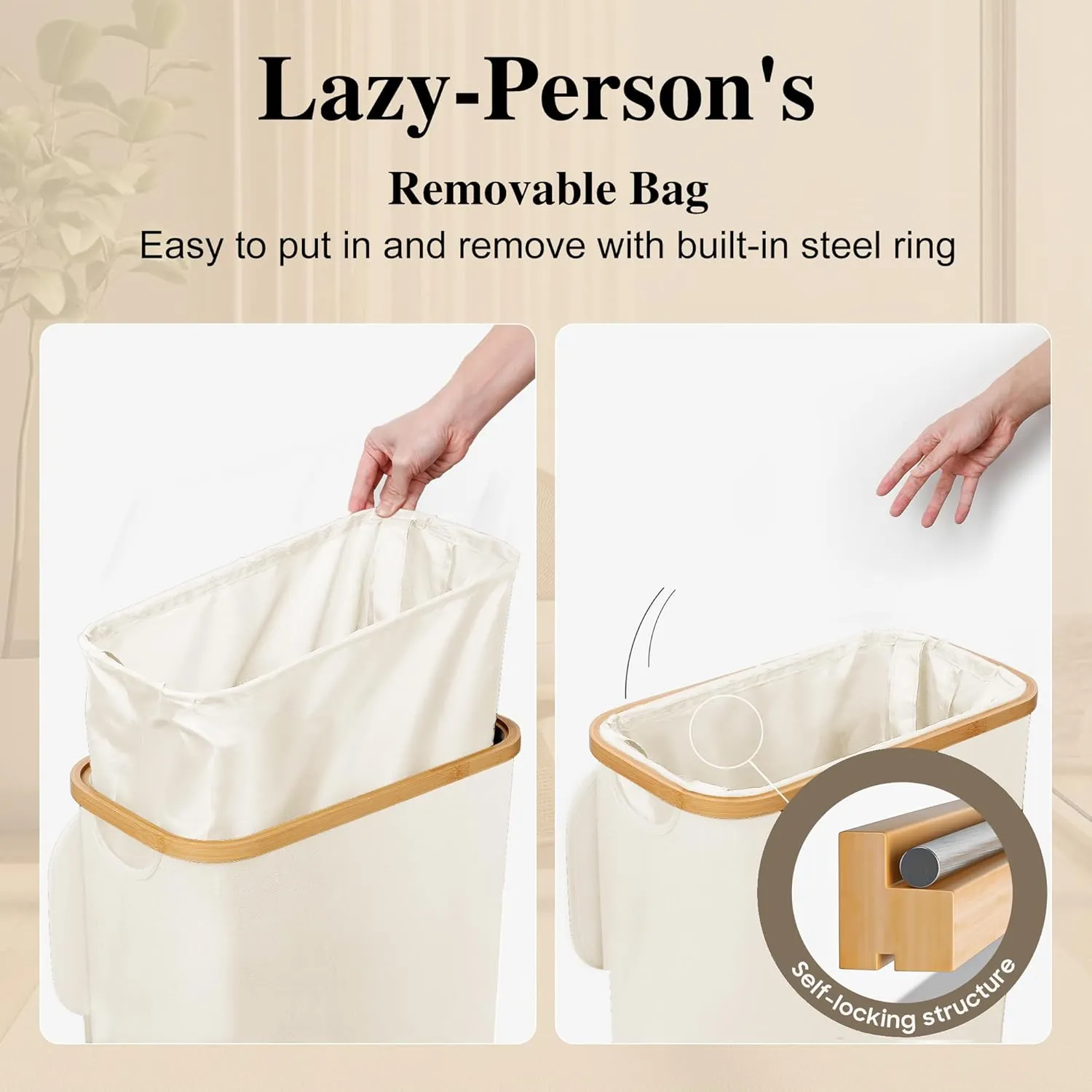 Slim Laundry Hamper, 60L Waterproof Narrow Laundry Basket with Lid and Removable Bag, Collapsible Tall Clothes Hamper with Bamboo Handles for Clothes Toys in Dorm Bedroom Bathroom, Beige