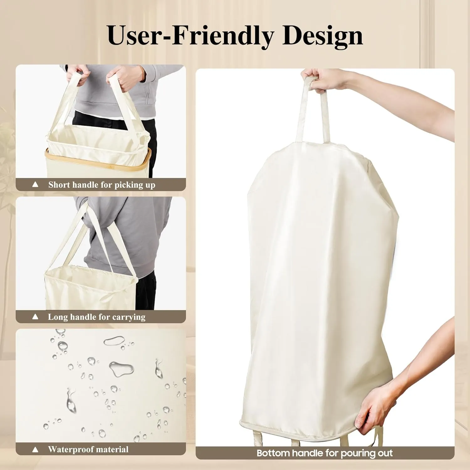 Slim Laundry Hamper, 60L Waterproof Narrow Laundry Basket with Lid and Removable Bag, Collapsible Tall Clothes Hamper with Bamboo Handles for Clothes Toys in Dorm Bedroom Bathroom, Beige