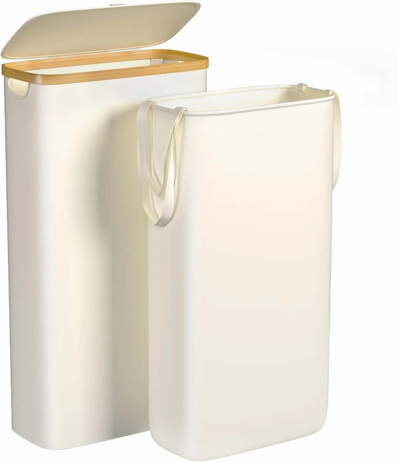 Slim Laundry Hamper, 60L Waterproof Narrow Laundry Basket with Lid and Removable Bag, Collapsible Tall Clothes Hamper with Bamboo Handles for Clothes Toys in Dorm Bedroom Bathroom, Beige