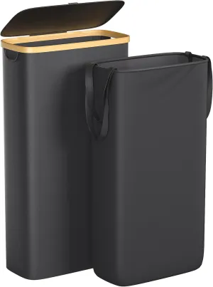 Slim Laundry Hamper, 60L Waterproof Narrow Laundry Basket with Lid and Removable Bag, Collapsible Tall Clothes Hamper with Bamboo Handles for Clothes Toys in Dorm Bedroom Bathroom, Black