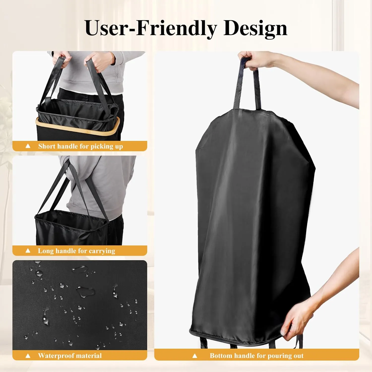 Slim Laundry Hamper, 60L Waterproof Narrow Laundry Basket with Lid and Removable Bag, Collapsible Tall Clothes Hamper with Bamboo Handles for Clothes Toys in Dorm Bedroom Bathroom, Black