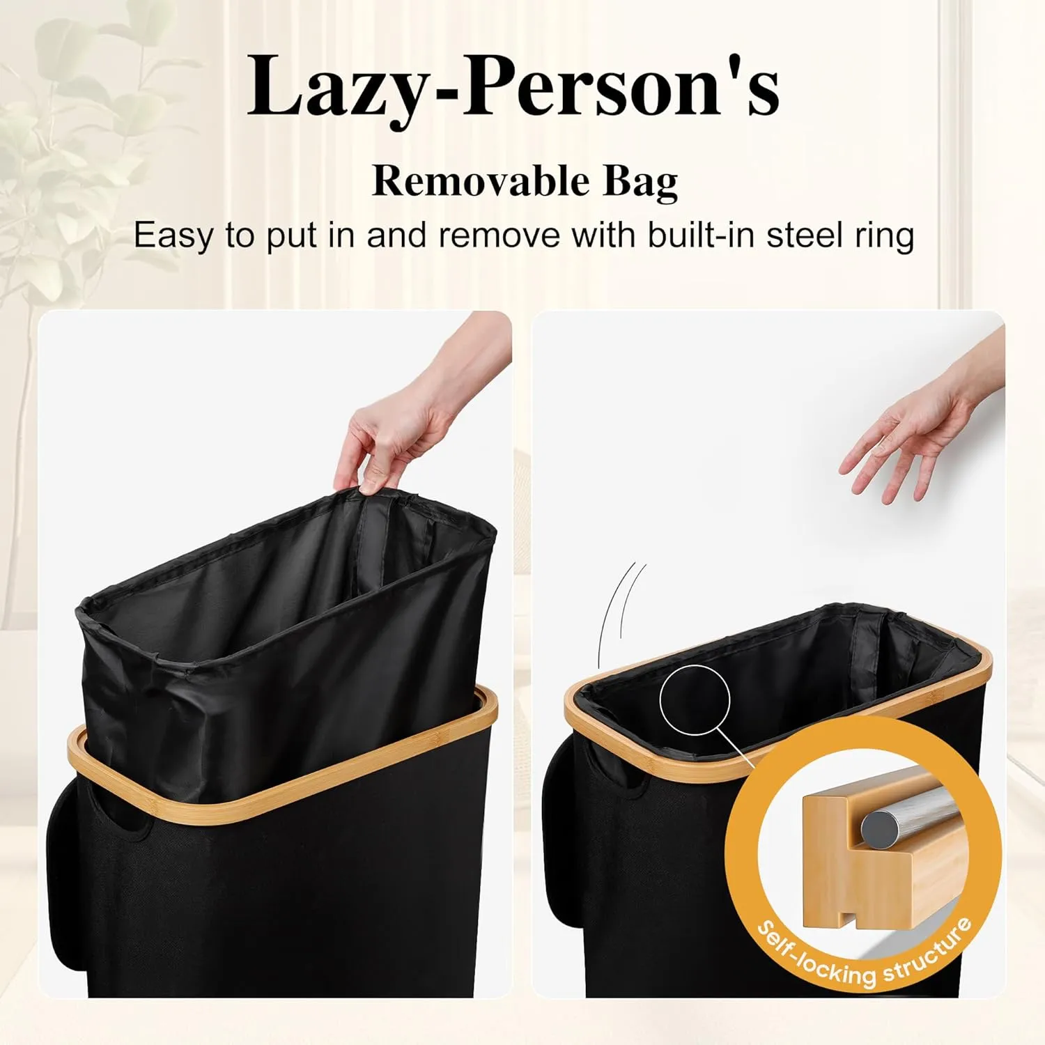 Slim Laundry Hamper, 60L Waterproof Narrow Laundry Basket with Lid and Removable Bag, Collapsible Tall Clothes Hamper with Bamboo Handles for Clothes Toys in Dorm Bedroom Bathroom, Black