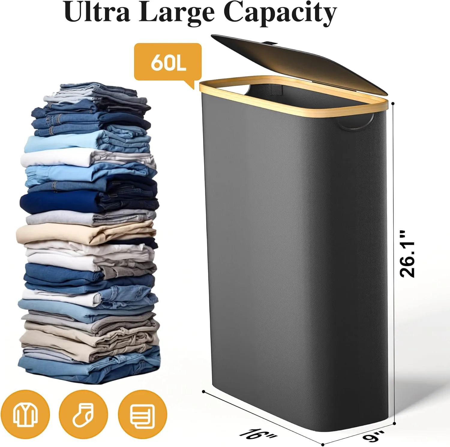Slim Laundry Hamper, 60L Waterproof Narrow Laundry Basket with Lid and Removable Bag, Collapsible Tall Clothes Hamper with Bamboo Handles for Clothes Toys in Dorm Bedroom Bathroom, Black