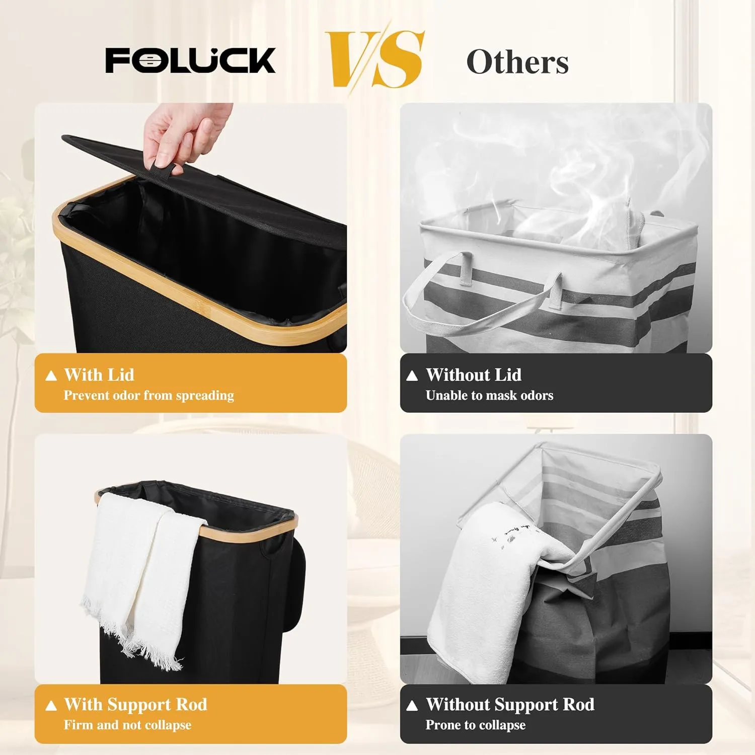 Slim Laundry Hamper, 60L Waterproof Narrow Laundry Basket with Lid and Removable Bag, Collapsible Tall Clothes Hamper with Bamboo Handles for Clothes Toys in Dorm Bedroom Bathroom, Black