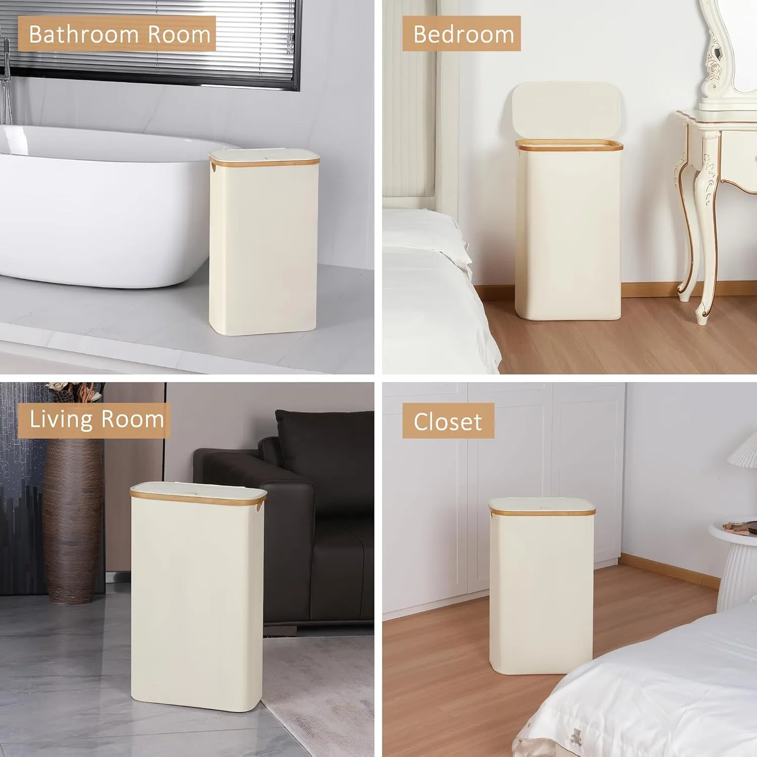 Slim Laundry Hamper, Narrow Laundry Basket with Lid,Foldable Clothes Hamper with Bamboo Handles,Hamper Basket with Removable Inner Bag for Laundry Room Bedroom College Dorm,60L Beige