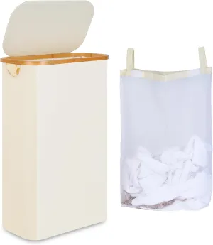 Slim Laundry Hamper, Narrow Laundry Basket with Lid,Foldable Clothes Hamper with Bamboo Handles,Hamper Basket with Removable Inner Bag for Laundry Room Bedroom College Dorm,60L Beige