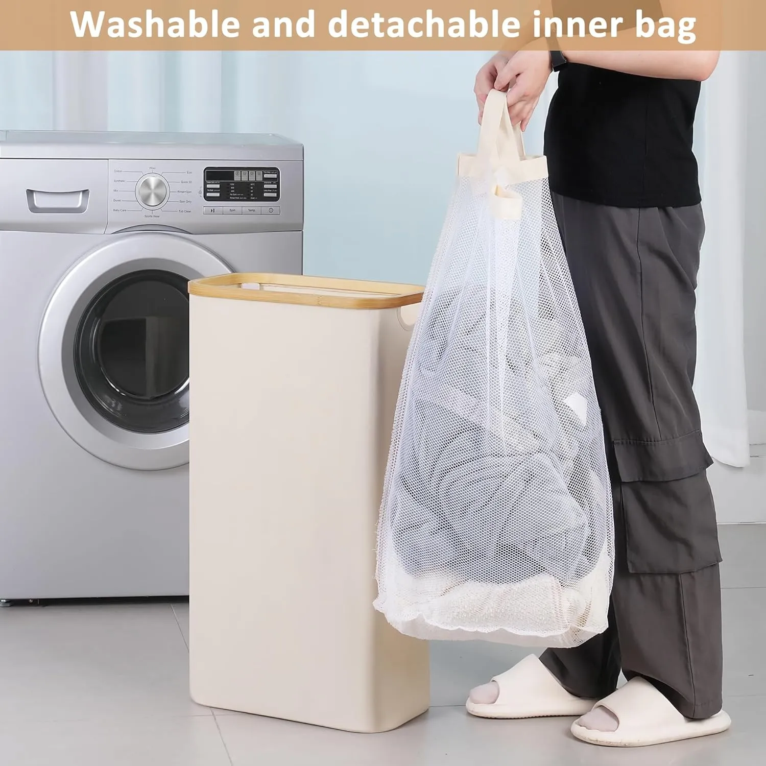 Slim Laundry Hamper, Narrow Laundry Basket with Lid,Foldable Clothes Hamper with Bamboo Handles,Hamper Basket with Removable Inner Bag for Laundry Room Bedroom College Dorm,60L Beige